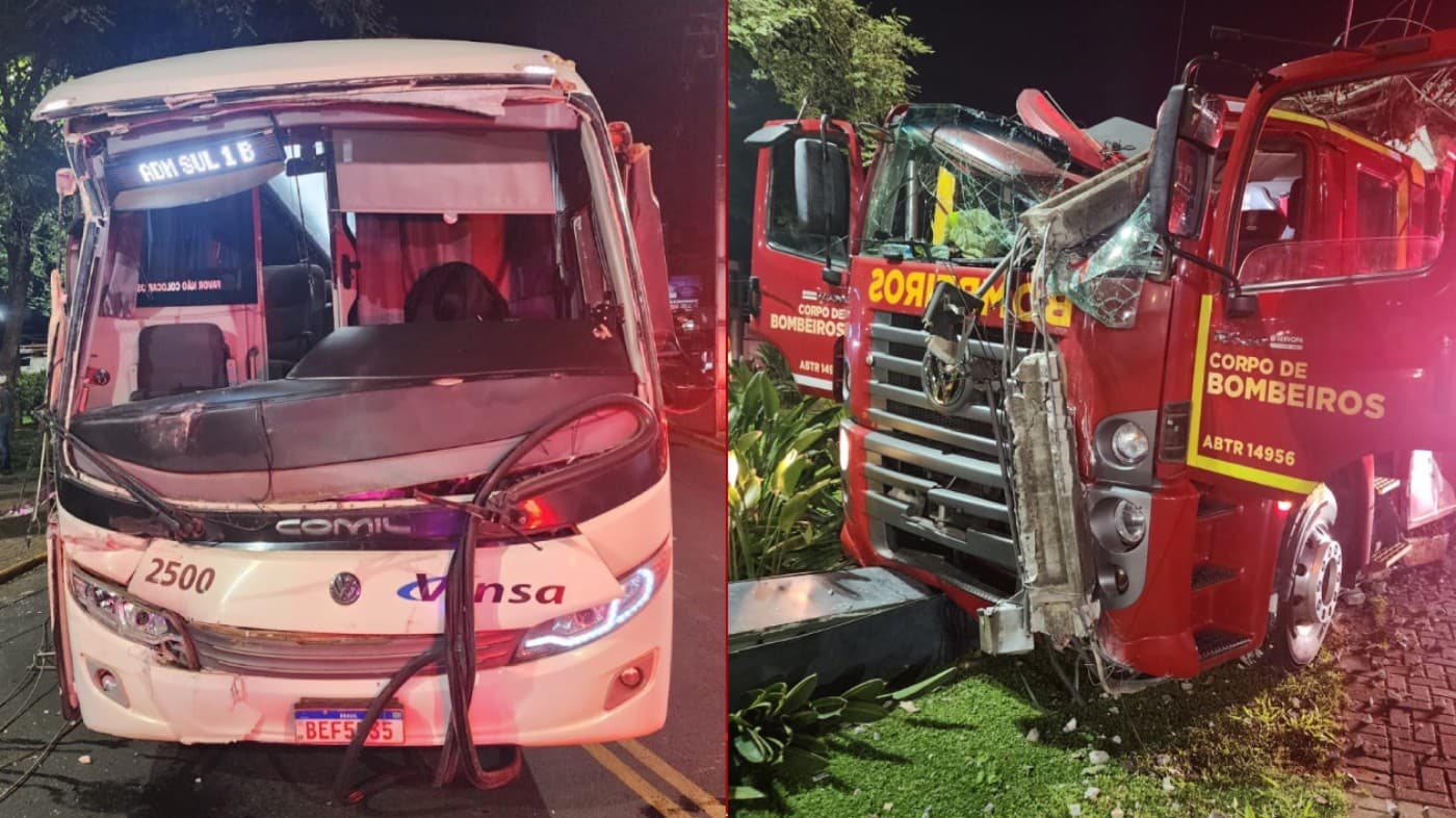 Caminhão dos Bombeiros sofre colisão com ônibus durante deslocamento para incêndio em Telêmaco Borba